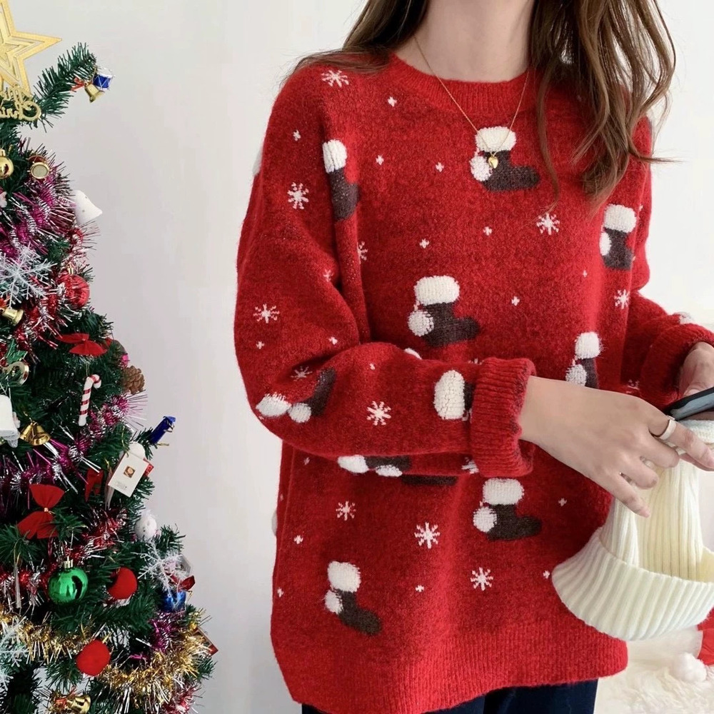 ZARA Women Christmas Red Loose Knit Pullover Round Neck Sweater
